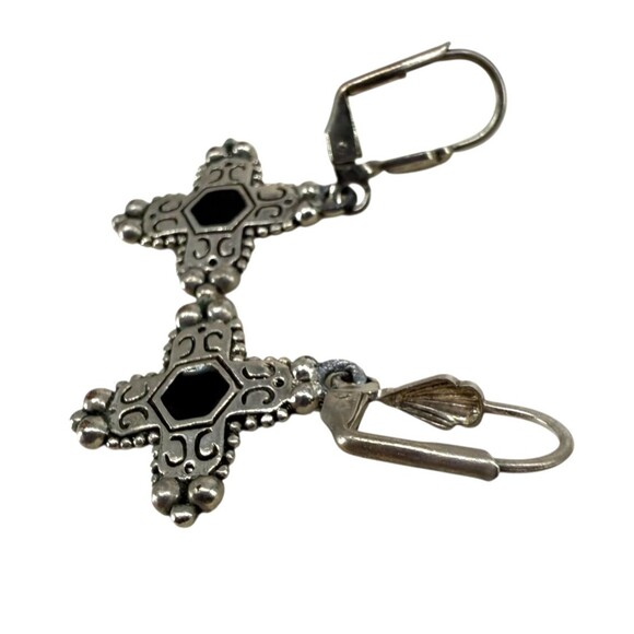 Inca Chakana Cross Earrings Silver Tone Black Onyx Inlay Dangle Boho NO MARKINGS - Picture 10 of 15